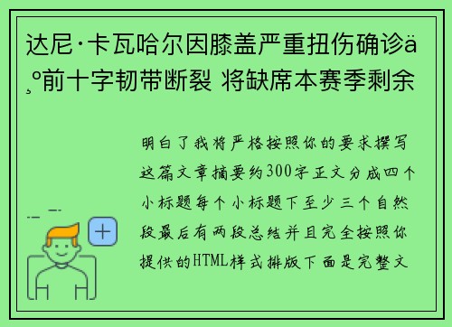 达尼·卡瓦哈尔因膝盖严重扭伤确诊为前十字韧带断裂 将缺席本赛季剩余所有比赛
